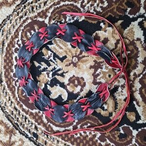 Vintage Retro Leather Fringe Belt Black Red Biker Punk Goth 90s 70s Boho 1970s